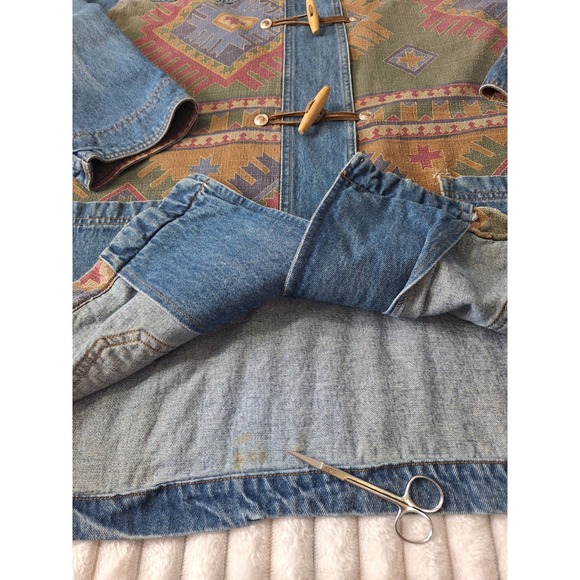 Vtg Denim Corduroy Collar Chore Barn Field Jacket Womens 26/28 Blue Aztec Tribal - Picture 5 of 14